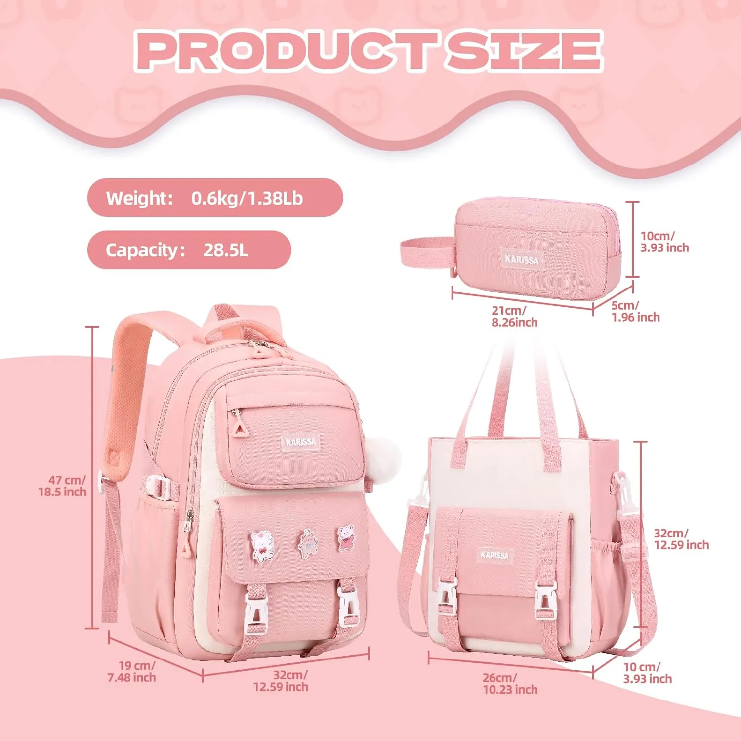 Girls Backpack, 3pcs Sets Kids Backpack for Girls with Anti-theft Back Pocket, Lightweight School Bookbag Water Resistant Tote Bag with Pencil case for Elementary Primary School, Pink