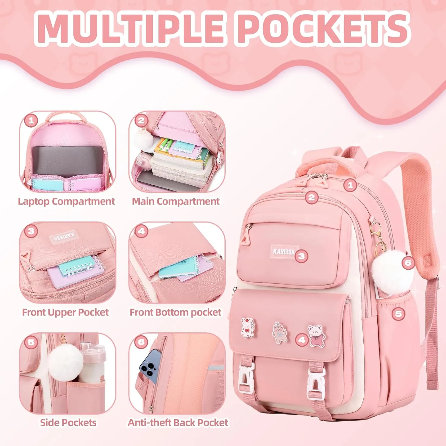 Girls Backpack, 3pcs Sets Kids Backpack for Girls with Anti-theft Back Pocket, Lightweight School Bookbag Water Resistant Tote Bag with Pencil case for Elementary Primary School, Pink