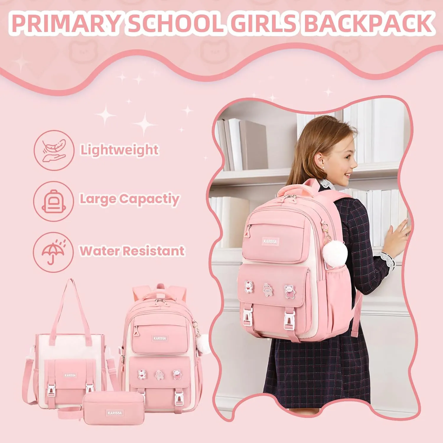 Girls Backpack, 3pcs Sets Kids Backpack for Girls with Anti-theft Back Pocket, Lightweight School Bookbag Water Resistant Tote Bag with Pencil case for Elementary Primary School, Pink