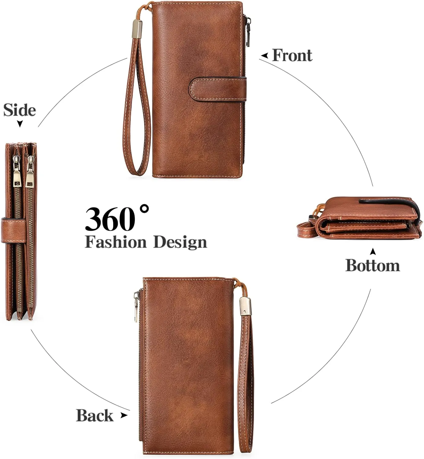 GOIACII Womens Wallets Large Capacity Credit Card Holder Rfid Wallet Women Double Zipper Pocket Leather Bifold Ladies Wristlet Clutch Wallet