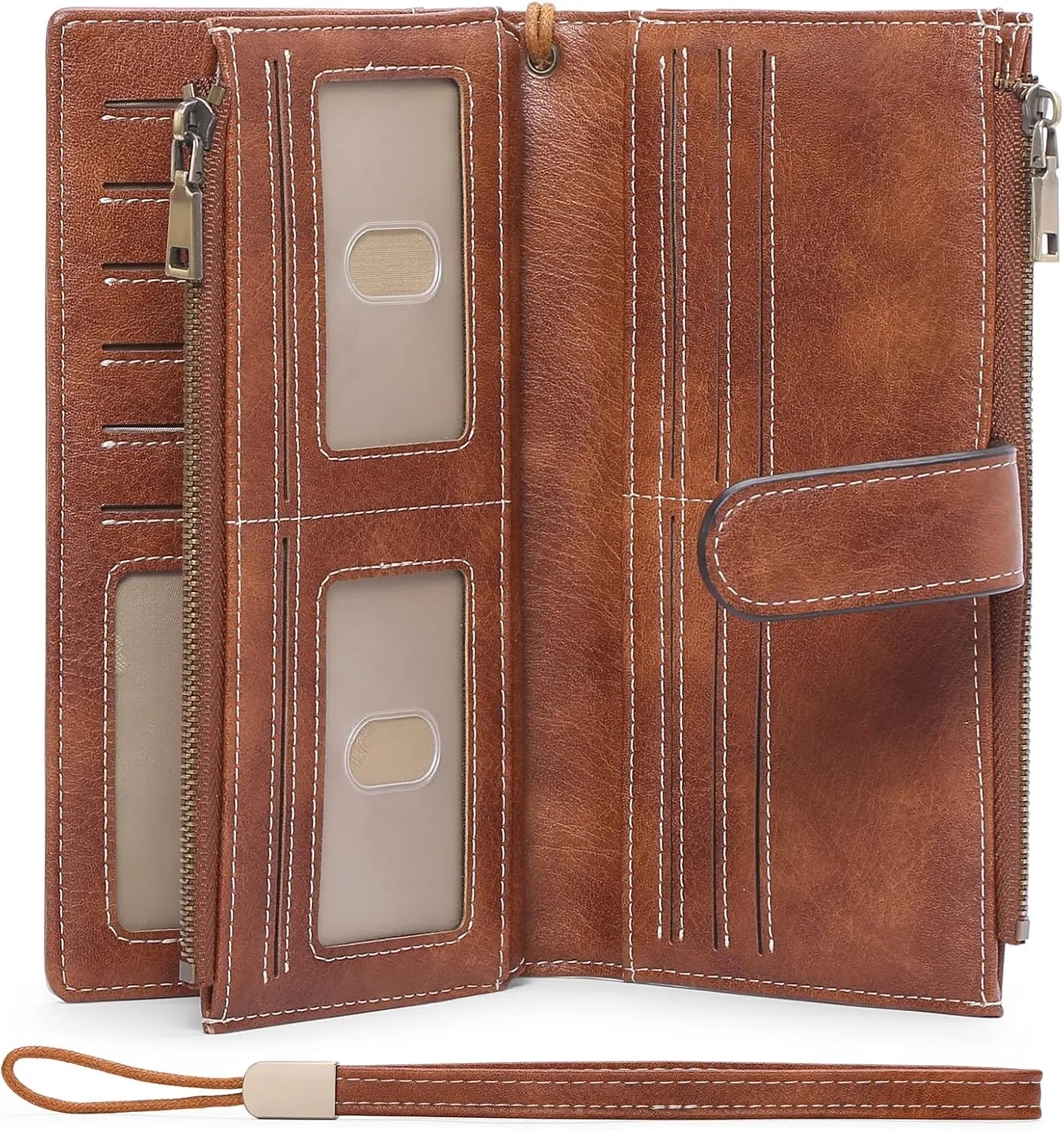 GOIACII Womens Wallets Large Capacity Credit Card Holder Rfid Wallet Women Double Zipper Pocket Leather Bifold Ladies Wristlet Clutch Wallet