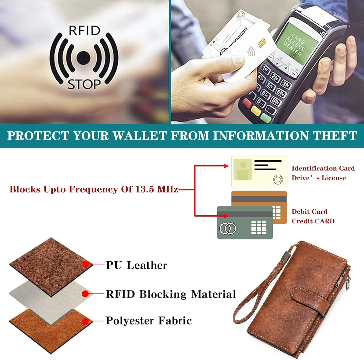 GOIACII Womens Wallets Large Capacity Credit Card Holder Rfid Wallet Women Double Zipper Pocket Leather Bifold Ladies Wristlet Clutch Wallet