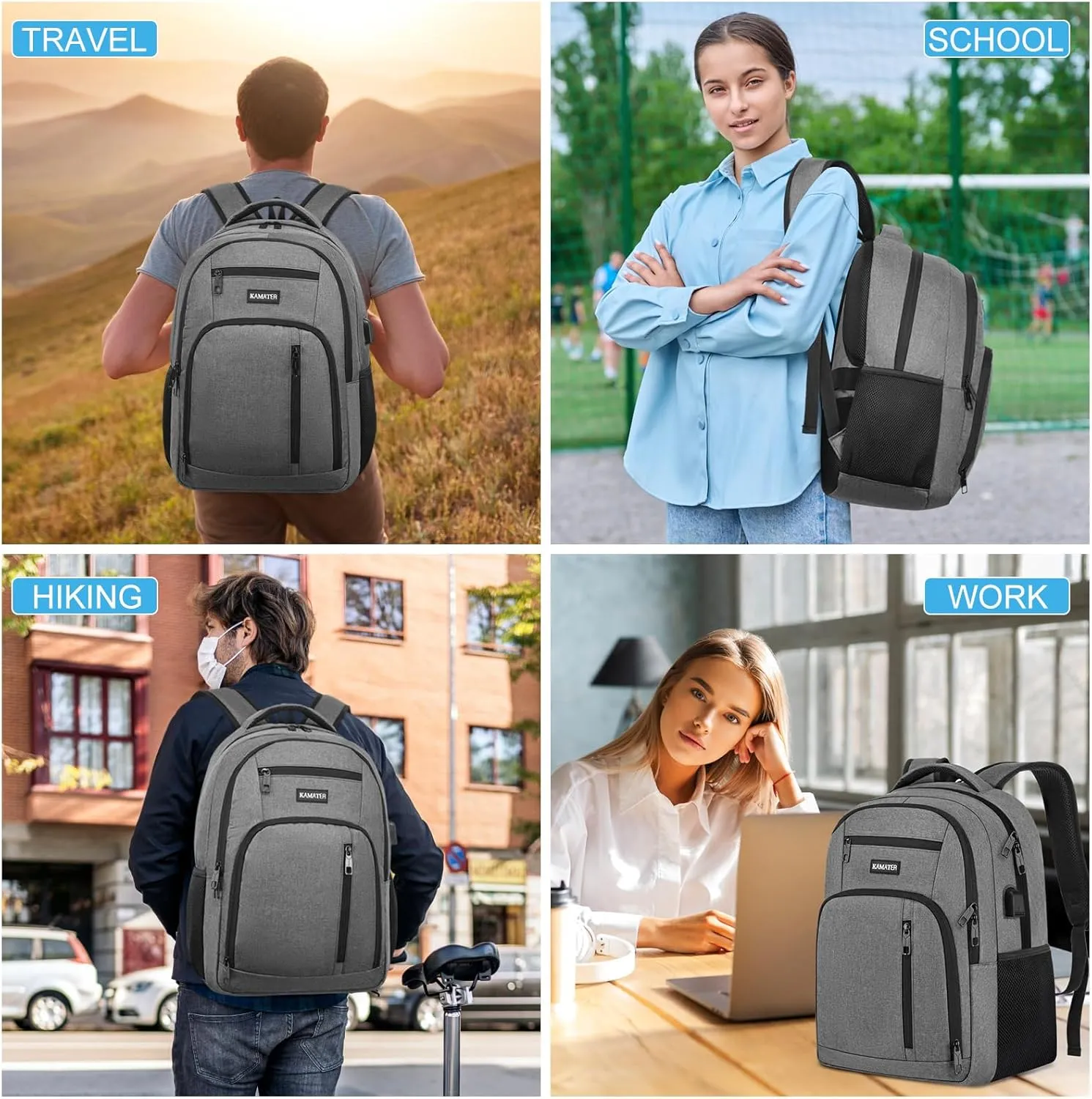Grey Backpack for School, School BackPack for Teens, Boys and Girls, with 17.3 inch Laptop Bookbag for College High School, Large Computer Back Pack with Compartments for Men & Women