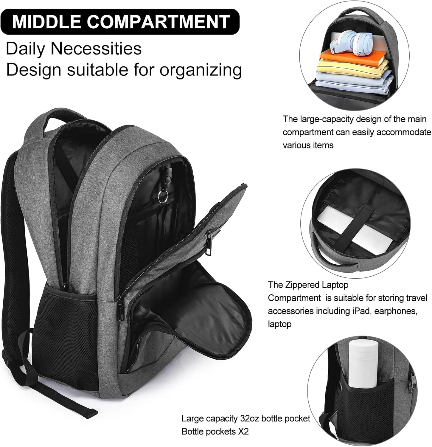 Grey Backpack for School, School BackPack for Teens, Boys and Girls, with 17.3 inch Laptop Bookbag for College High School, Large Computer Back Pack with Compartments for Men & Women