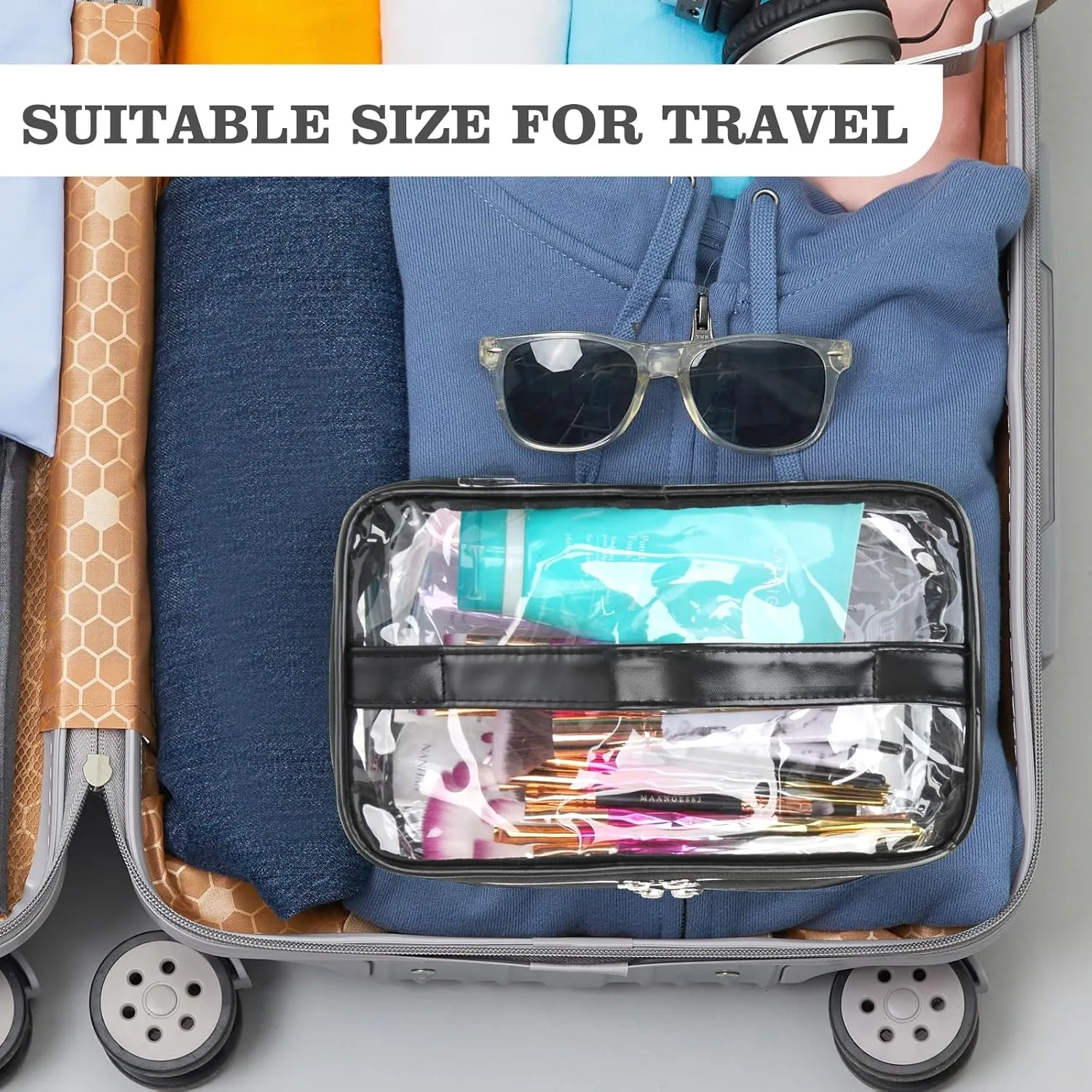 HAOGUAGUA Double Layer Clear Cosmetic Bag Makeup Bag, Waterproof Travel Toiletry Bag, Transparent PVC Pouch Organizer (Black-large)