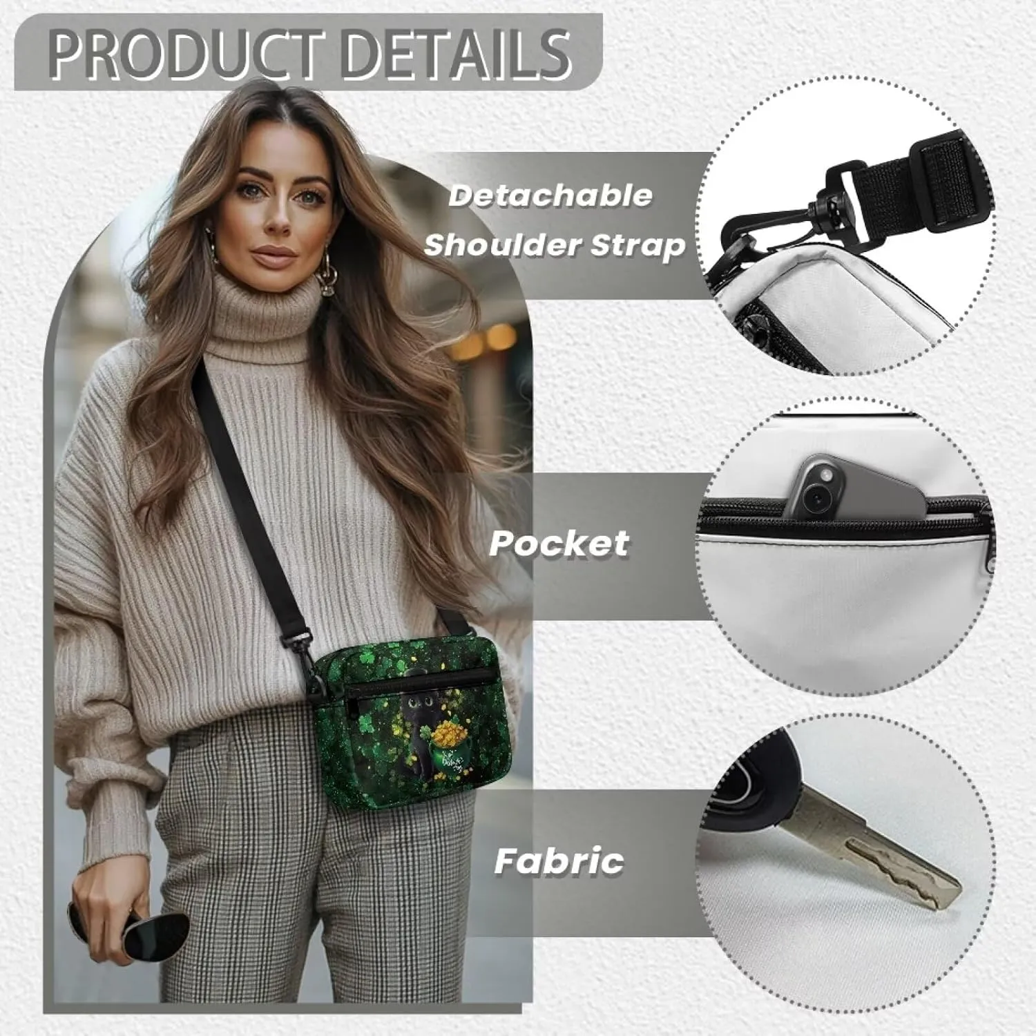 HUGS IDEA Women's Cross-Body Zipper Shoulder Bag St Patricks Day Shamrock Cell Phone Purse Handbag