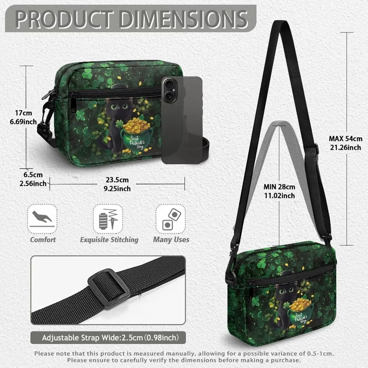 HUGS IDEA Women's Cross-Body Zipper Shoulder Bag St Patricks Day Shamrock Cell Phone Purse Handbag