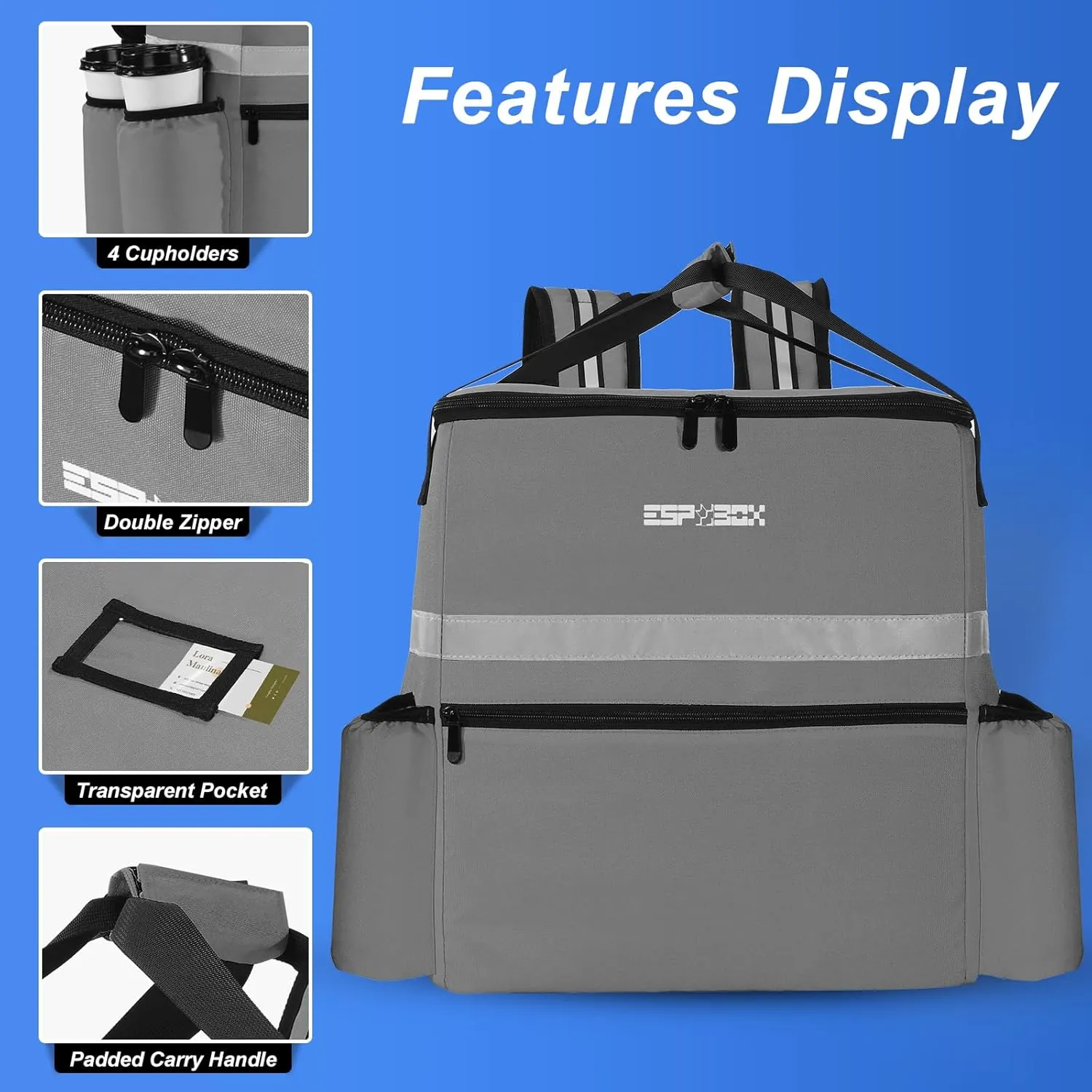 Insulated Food Delivery Backpack with Cup Holder - Perfect for Uber Eats, Doordash & Postmates. Leakproof and Reflective Gray Bag for Hot/Cold Food Delivery on Bike.