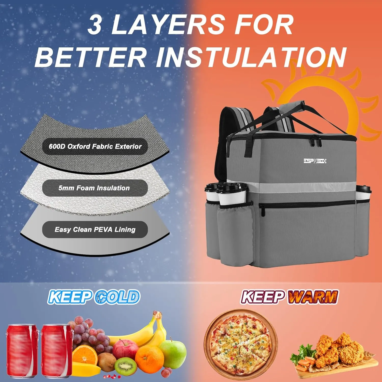 Insulated Food Delivery Backpack with Cup Holder - Perfect for Uber Eats, Doordash & Postmates. Leakproof and Reflective Gray Bag for Hot/Cold Food Delivery on Bike.