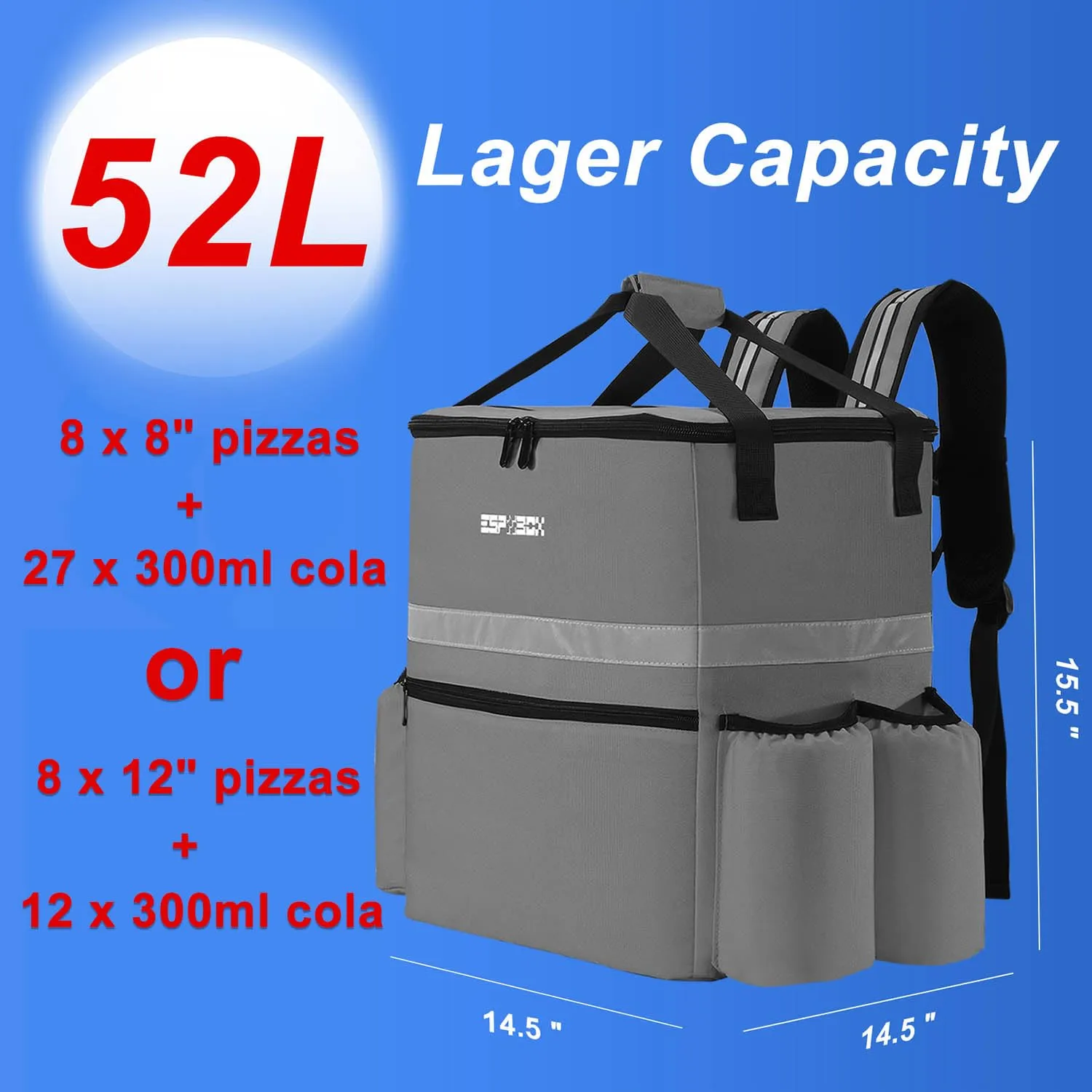 Insulated Food Delivery Backpack with Cup Holder - Perfect for Uber Eats, Doordash & Postmates. Leakproof and Reflective Gray Bag for Hot/Cold Food Delivery on Bike.