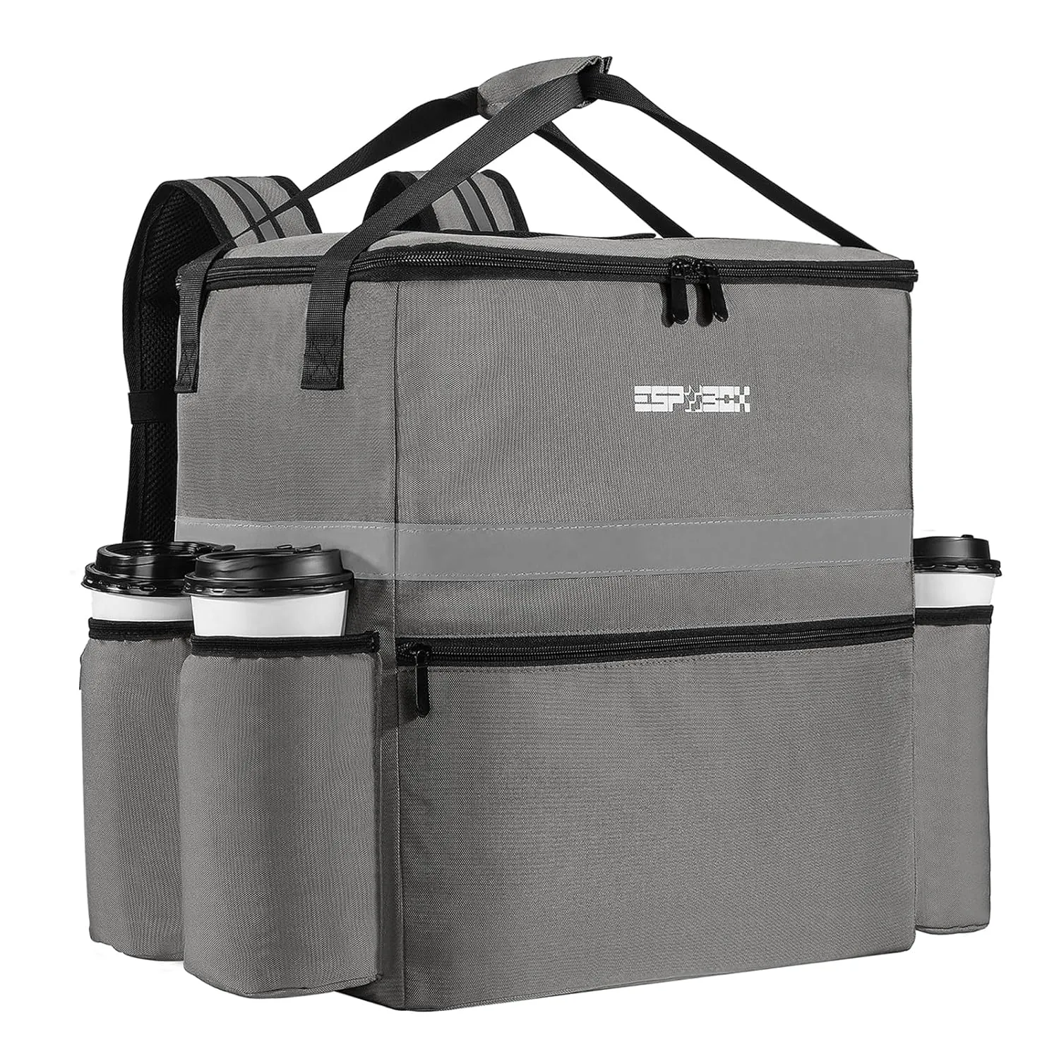 Insulated Food Delivery Backpack with Cup Holder - Perfect for Uber Eats, Doordash & Postmates. Leakproof and Reflective Gray Bag for Hot/Cold Food Delivery on Bike.