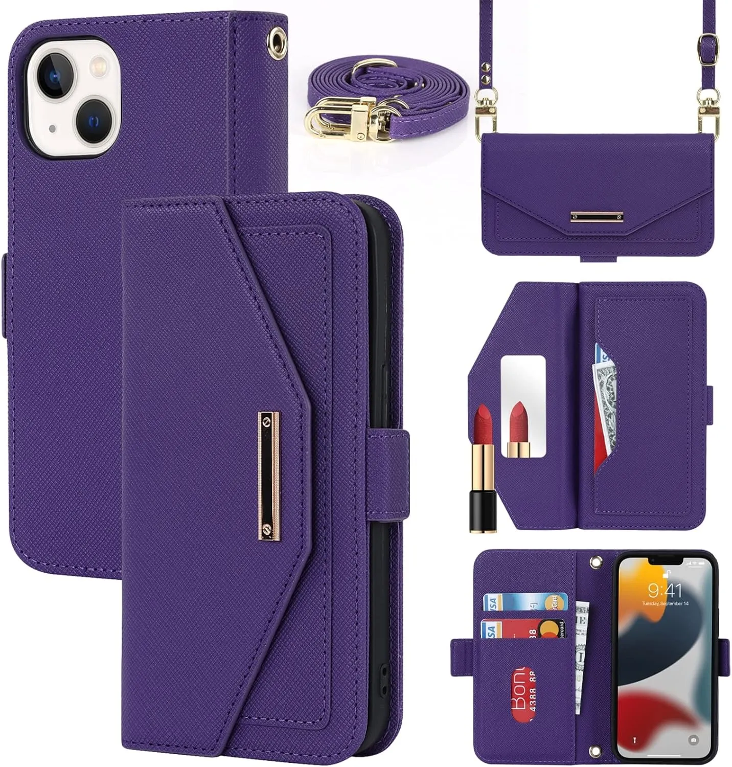 Jaorty Crossbody Wallet for iPhone 13 Mini Case with Adjustable Lanyard Strap Credit Card Holder 5.4",PU Leather Handbag Purse Kickstand Make Up Mirror Cover Case for Men Women Girl,Purple