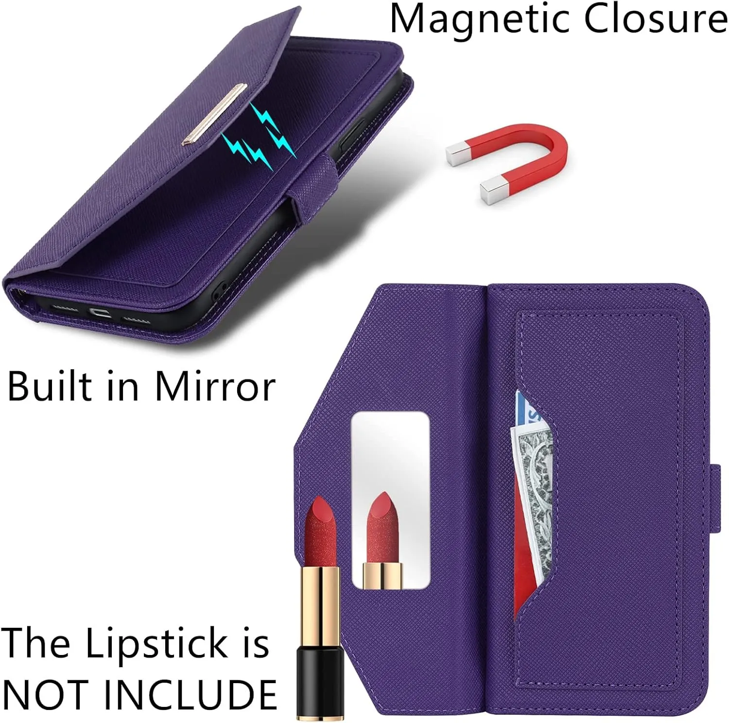 Jaorty Crossbody Wallet for iPhone 13 Mini Case with Adjustable Lanyard Strap Credit Card Holder 5.4",PU Leather Handbag Purse Kickstand Make Up Mirror Cover Case for Men Women Girl,Purple