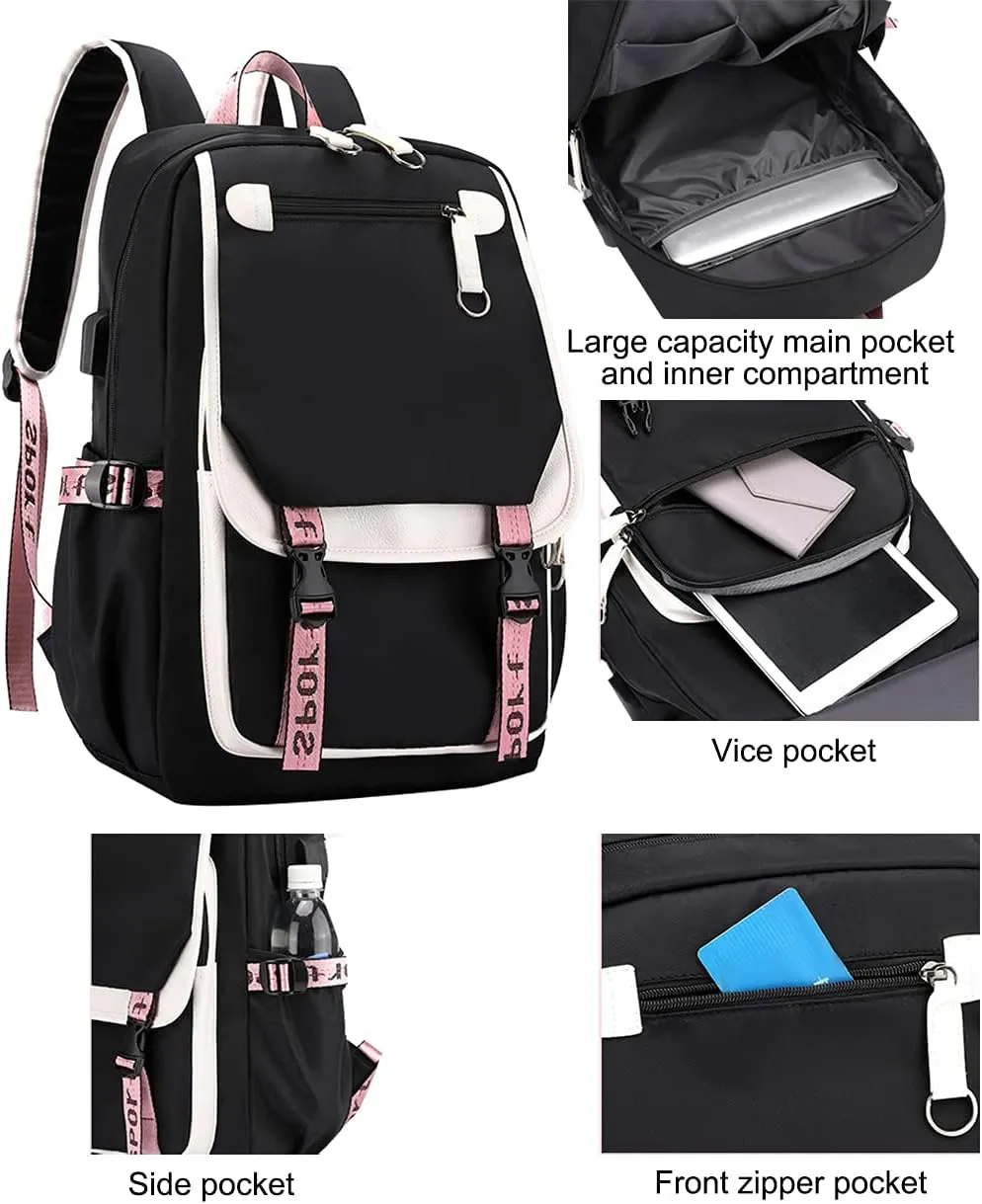 JiaYou Teenage Girls' Backpack Middle School Students Bookbag Outdoor Daypack with USB Charge Port (21 Liters, White Black)