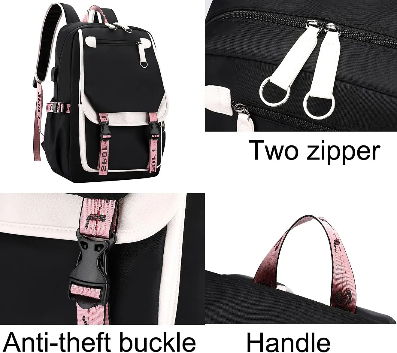 JiaYou Teenage Girls' Backpack Middle School Students Bookbag Outdoor Daypack with USB Charge Port (21 Liters, White Black)