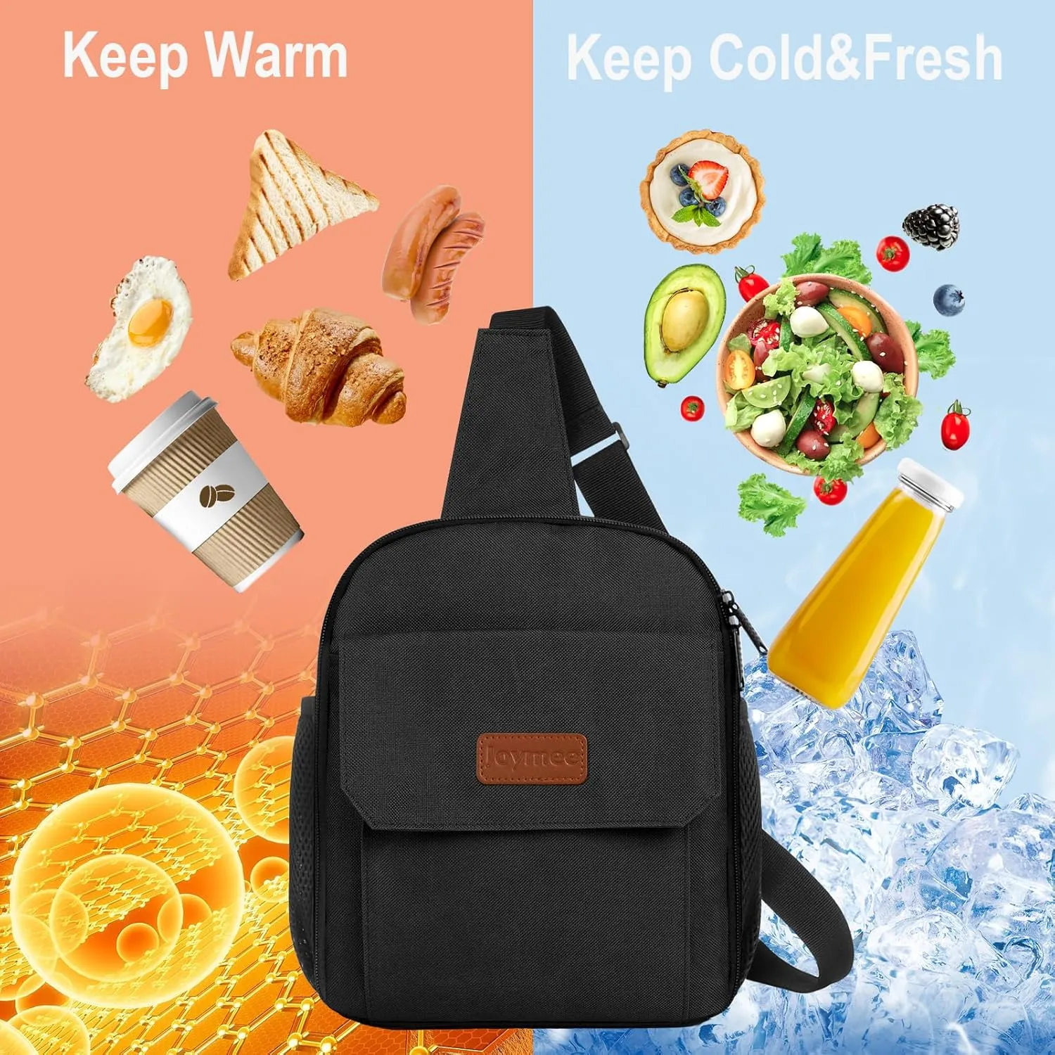 Joymee Sling Lunch Box Lunch Bag for Women Men Adult Portable Leakproof Reusable Insulated-Crossbody Lunchbox small Cooler with Shoulder Strap Side Pockets Front Pocket for Work Travel - Black