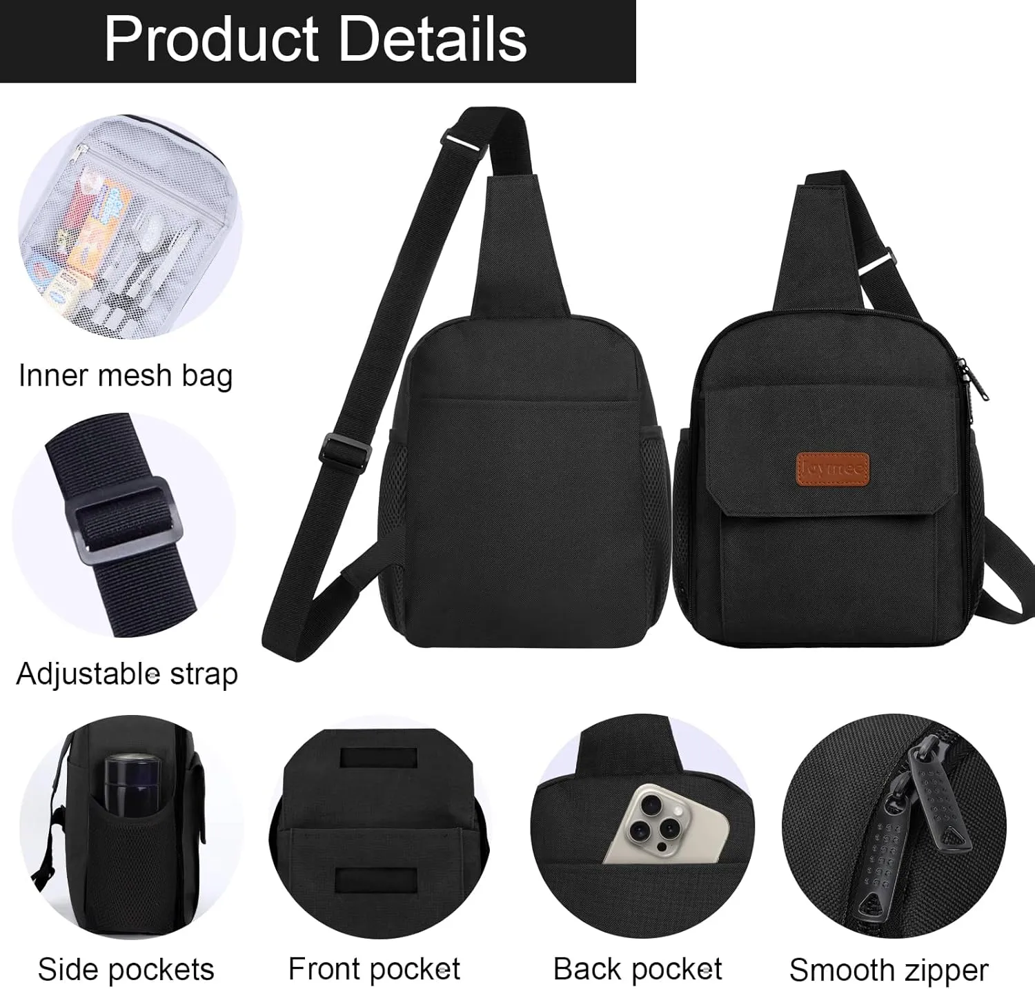 Joymee Sling Lunch Box Lunch Bag for Women Men Adult Portable Leakproof Reusable Insulated-Crossbody Lunchbox small Cooler with Shoulder Strap Side Pockets Front Pocket for Work Travel - Black