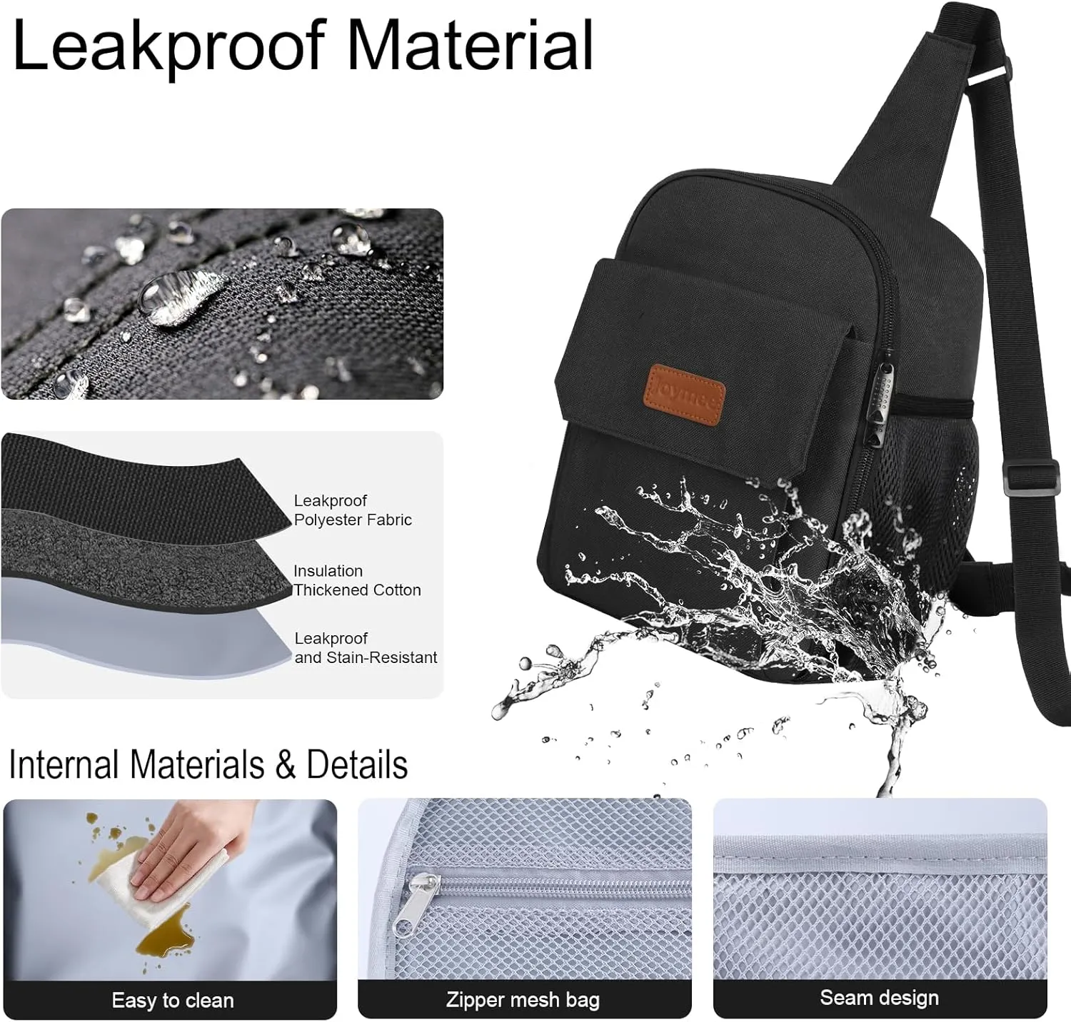 Joymee Sling Lunch Box Lunch Bag for Women Men Adult Portable Leakproof Reusable Insulated-Crossbody Lunchbox small Cooler with Shoulder Strap Side Pockets Front Pocket for Work Travel - Black