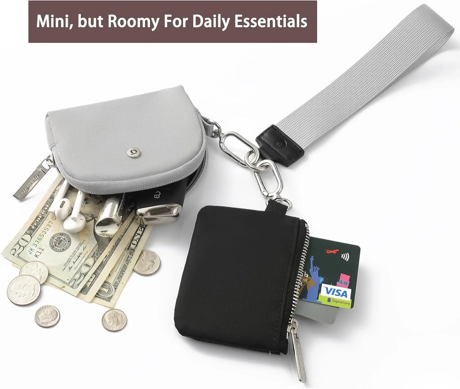 Keychain Wallet Mini Zip Around Wristlet Wallets for Women Detachable Dual Pouch Wristlet Portable Coin Purse Small Wallets With RFID Blocking (Black & Gray)