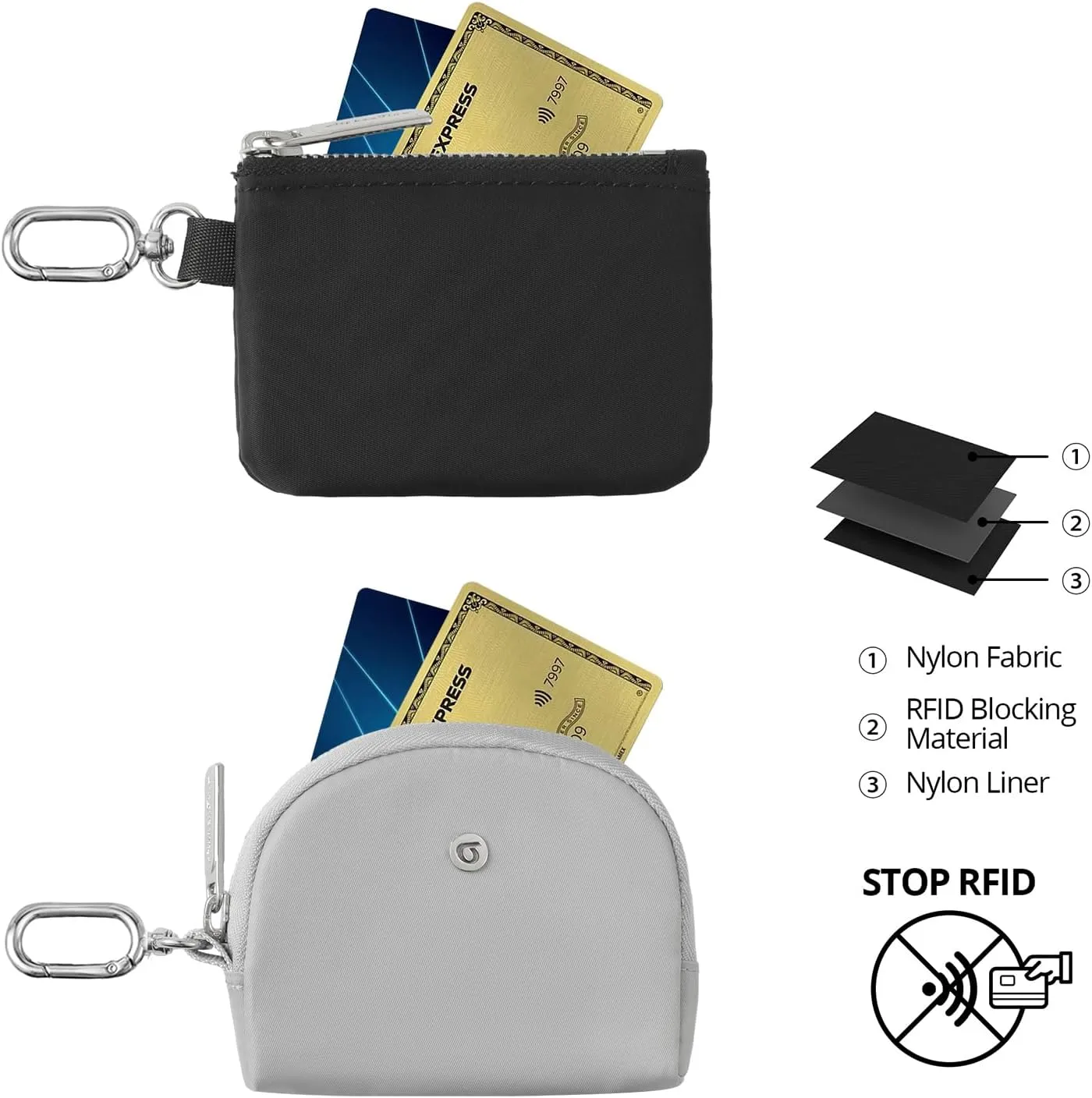 Keychain Wallet Mini Zip Around Wristlet Wallets for Women Detachable Dual Pouch Wristlet Portable Coin Purse Small Wallets With RFID Blocking (Black & Gray)