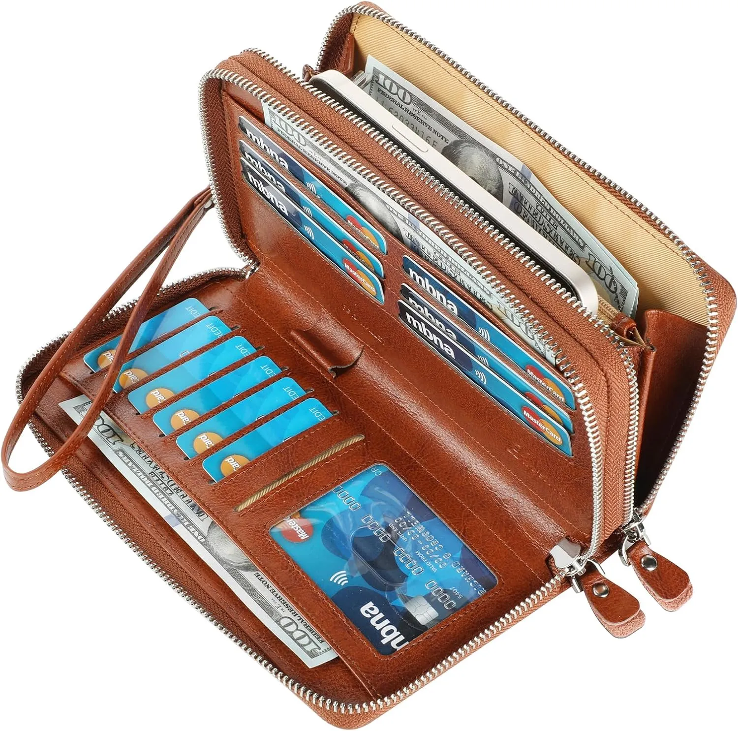 Lavemi Women's RFID Blocking 100% Leather Large Capacity Zip Around Wallet Phone Holder Clutch Travel Purse Wristlet