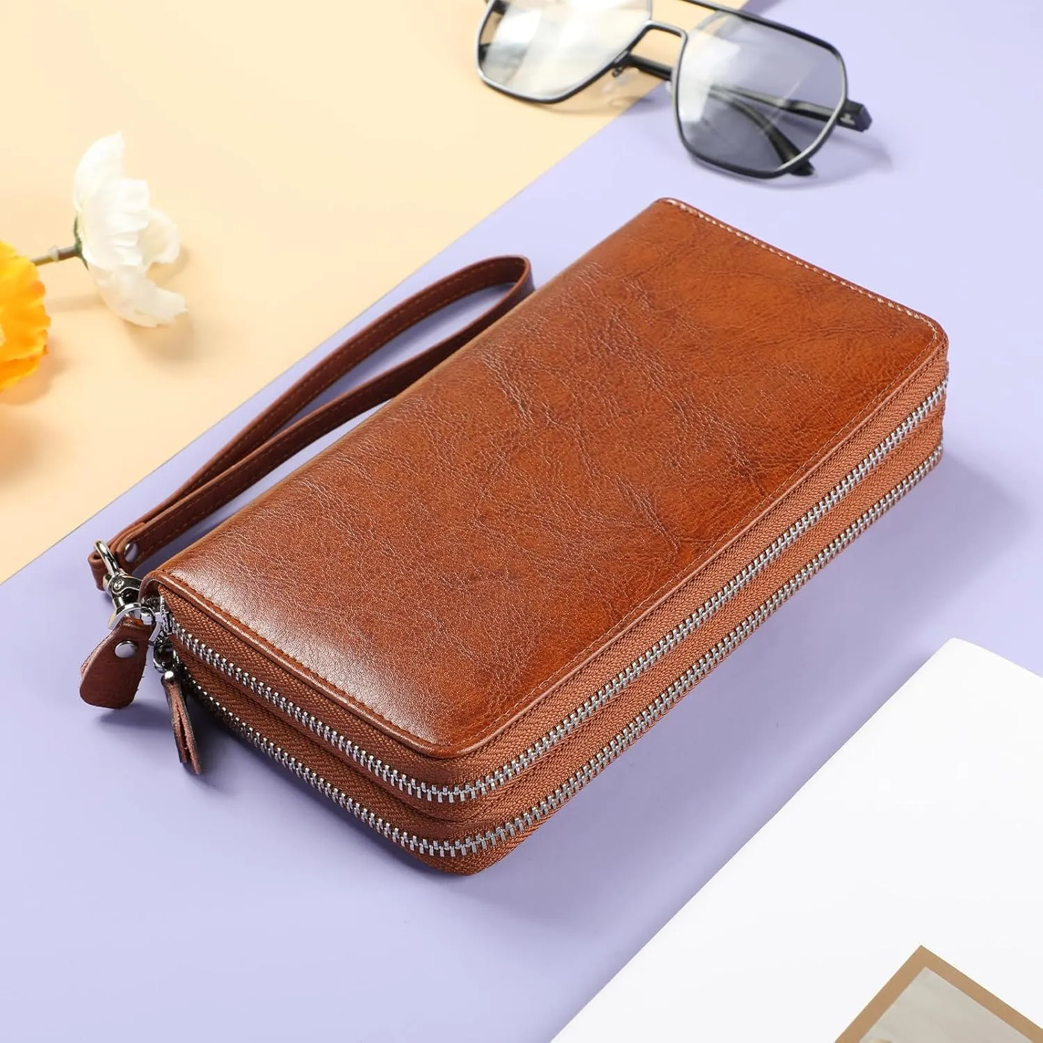 Lavemi Women's RFID Blocking 100% Leather Large Capacity Zip Around Wallet Phone Holder Clutch Travel Purse Wristlet