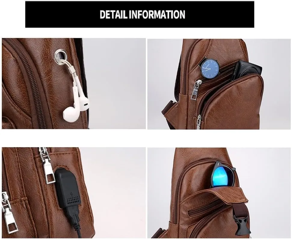 Leather Sling Bag for Mens,Crossbody Backpack with USB Charging Port for Men Travel Outdoor Sports