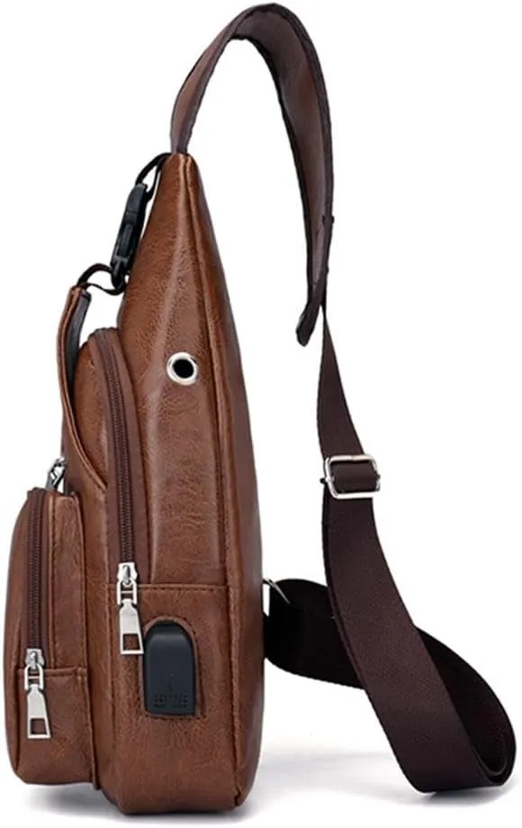 Leather Sling Bag for Mens,Crossbody Backpack with USB Charging Port for Men Travel Outdoor Sports