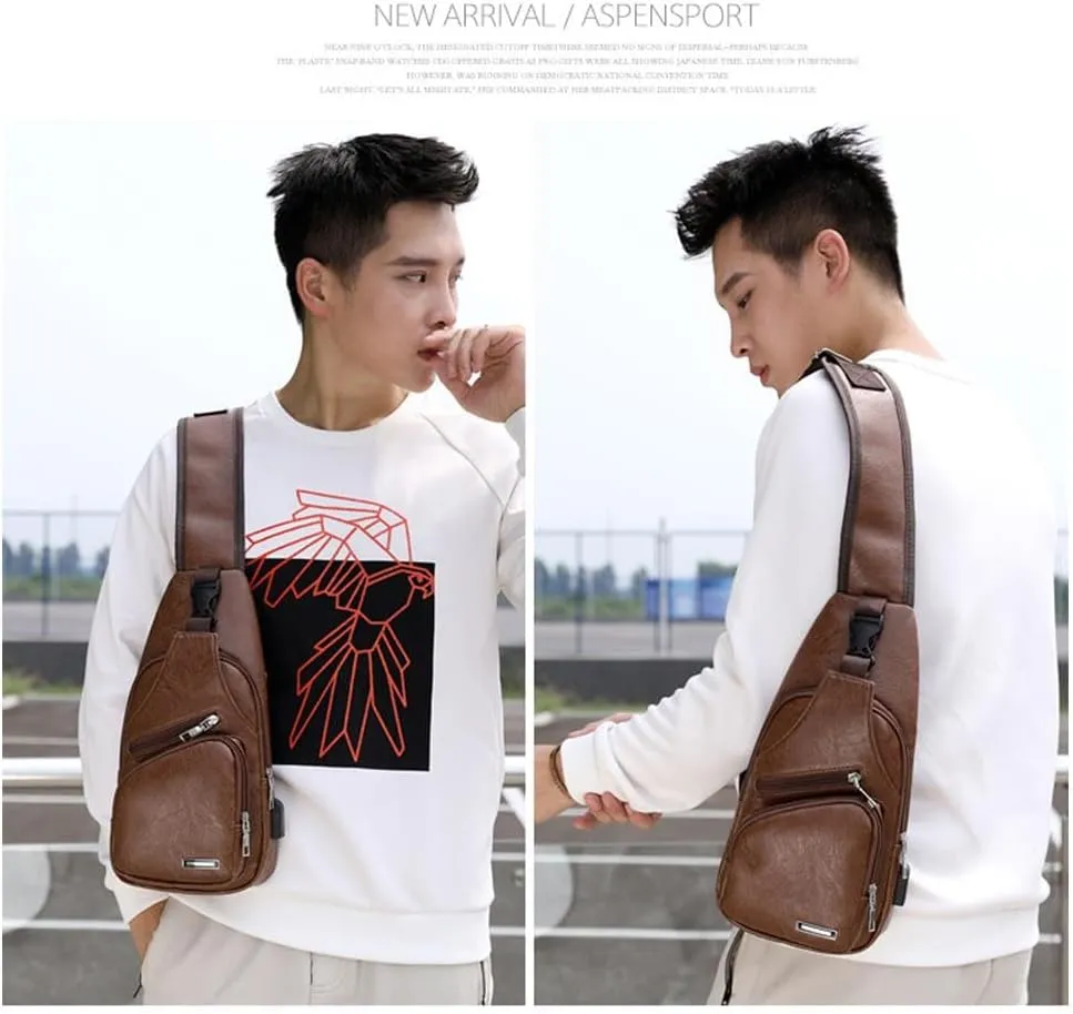 Leather Sling Bag for Mens,Crossbody Backpack with USB Charging Port for Men Travel Outdoor Sports