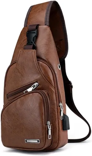 Leather Sling Bag for Mens,Crossbody Backpack with USB Charging Port for Men Travel Outdoor Sports