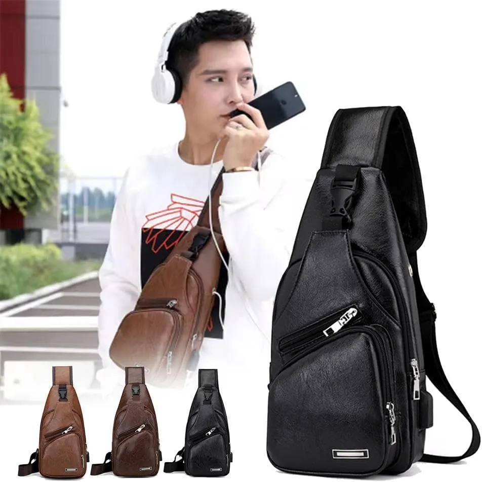 Leather Sling Bag for Mens,Crossbody Backpack with USB Charging Port for Men Travel Outdoor Sports