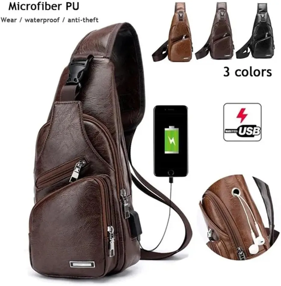 Leather Sling Bag for Mens,Crossbody Backpack with USB Charging Port for Men Travel Outdoor Sports