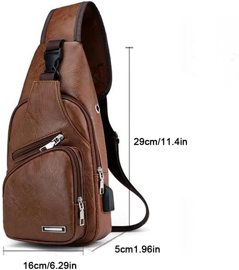 Leather Sling Bag for Mens,Crossbody Backpack with USB Charging Port for Men Travel Outdoor Sports