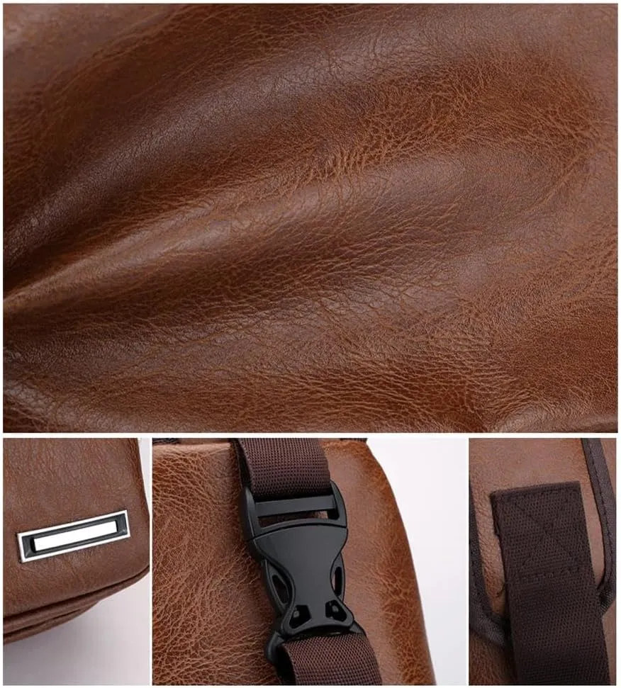 Leather Sling Bag for Mens,Crossbody Backpack with USB Charging Port for Men Travel Outdoor Sports