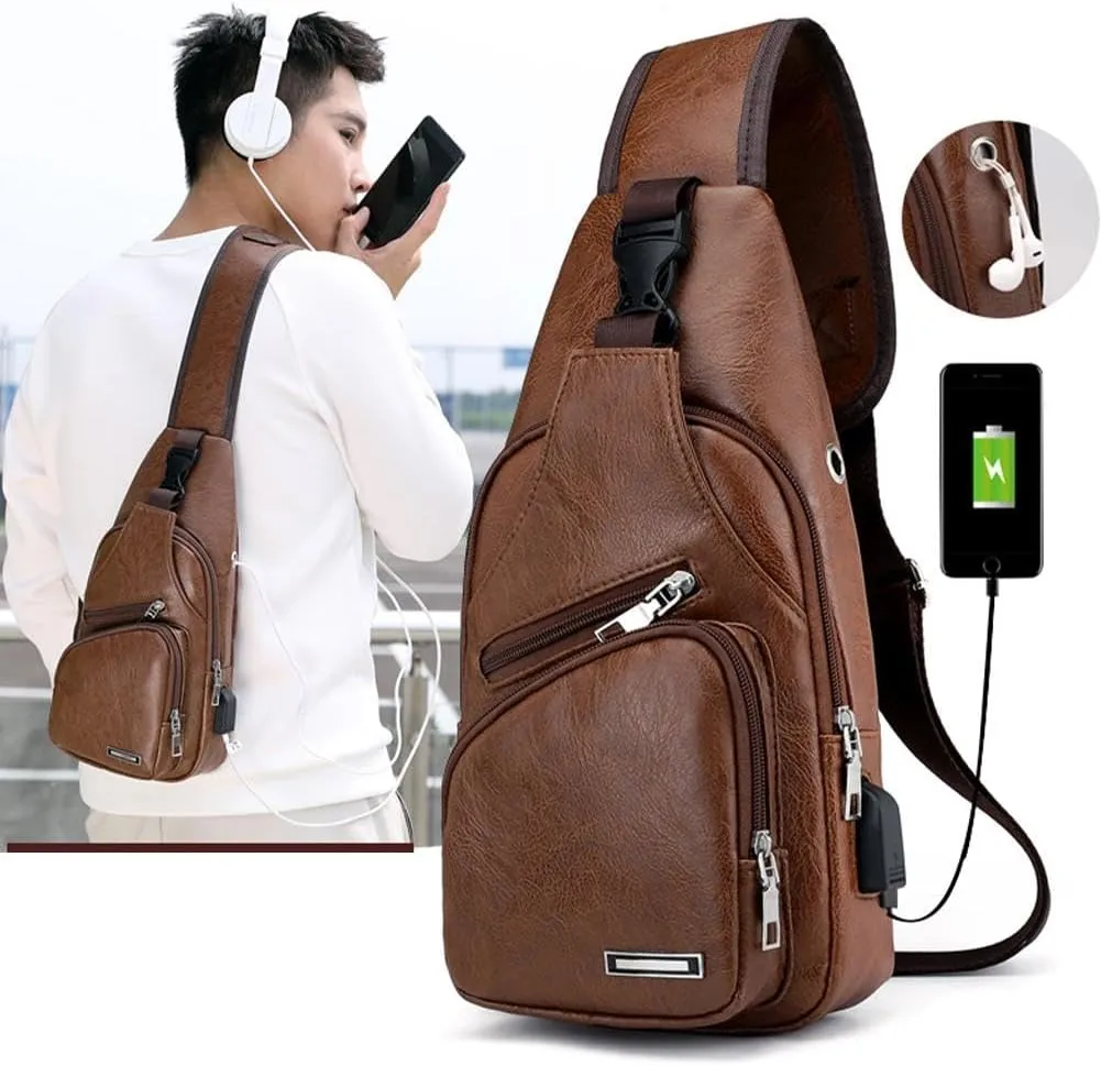Leather Sling Bag for Mens,Crossbody Backpack with USB Charging Port for Men Travel Outdoor Sports