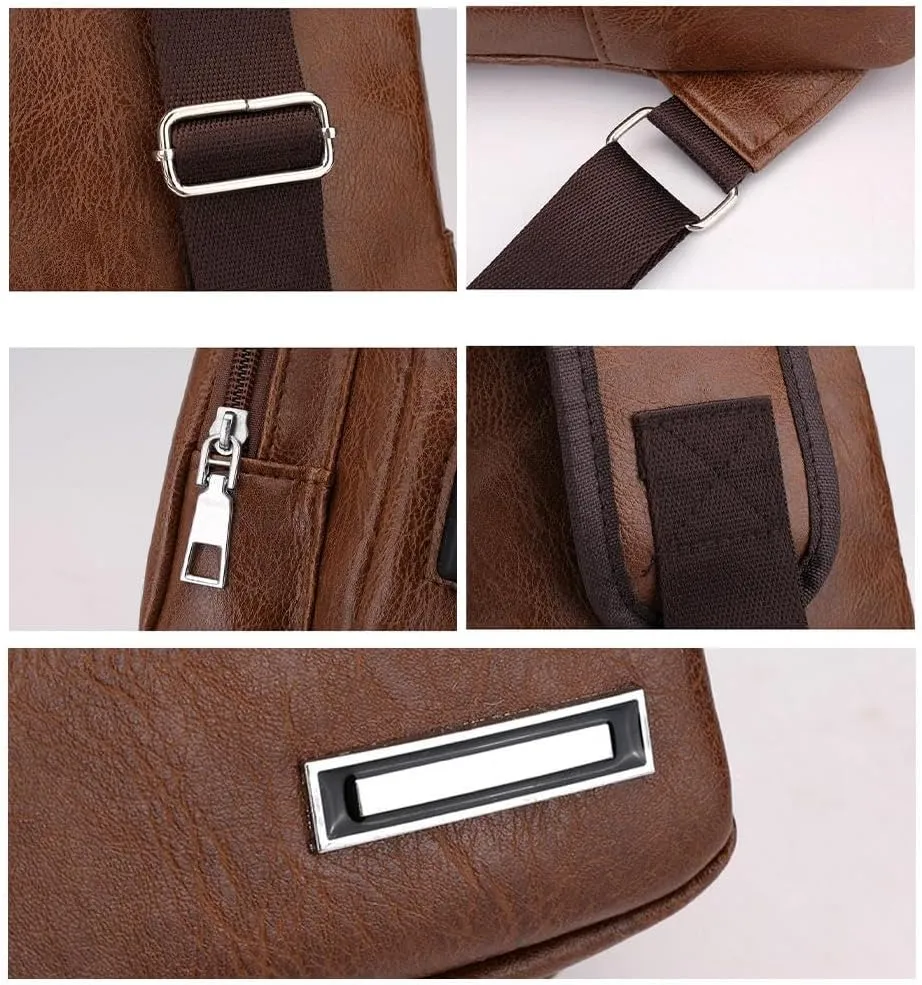 Leather Sling Bag for Mens,Crossbody Backpack with USB Charging Port for Men Travel Outdoor Sports