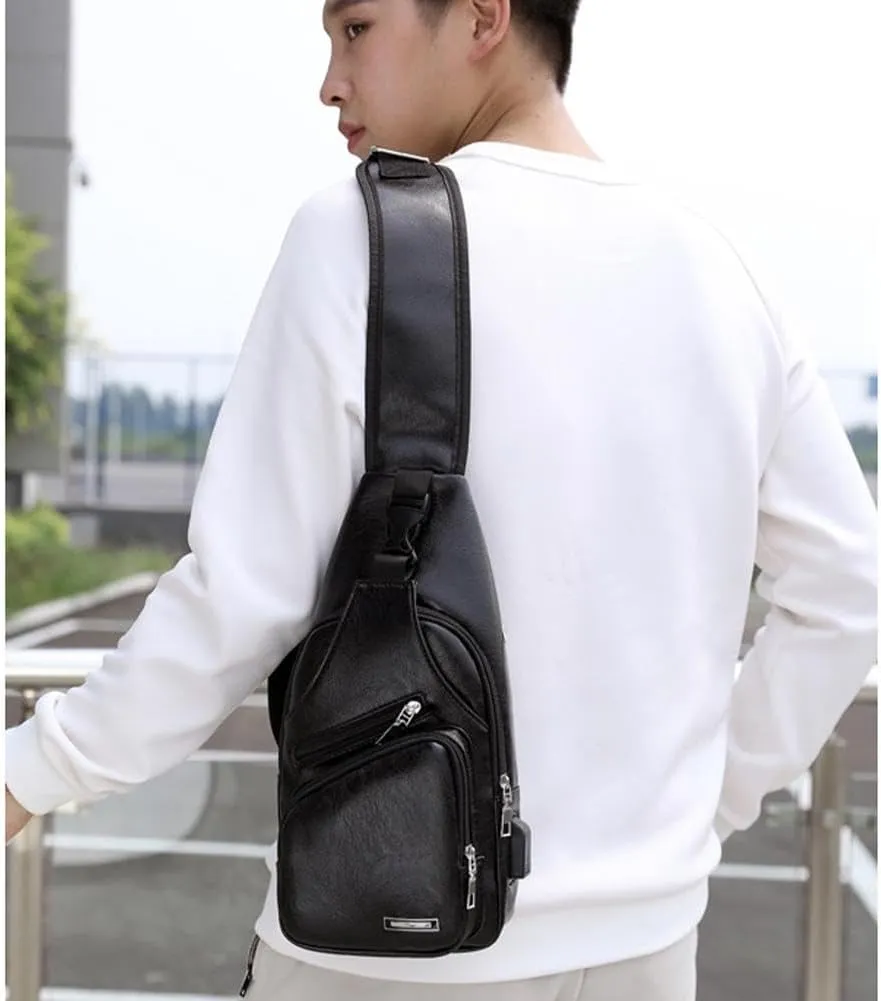 Leather Sling Bag for Mens,Crossbody Backpack with USB Charging Port for Men Travel Outdoor Sports