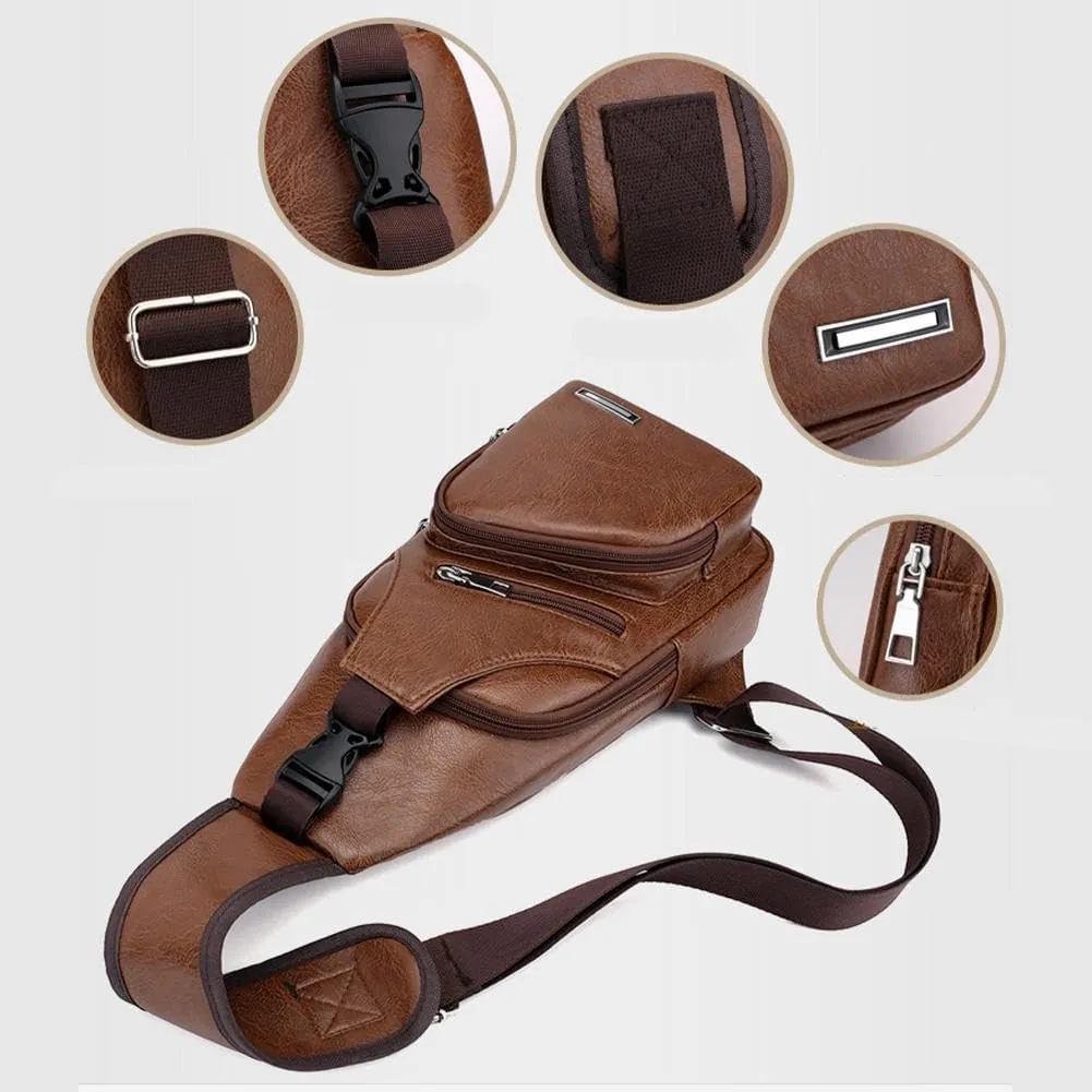Leather Sling Bag for Mens,Crossbody Backpack with USB Charging Port for Men Travel Outdoor Sports