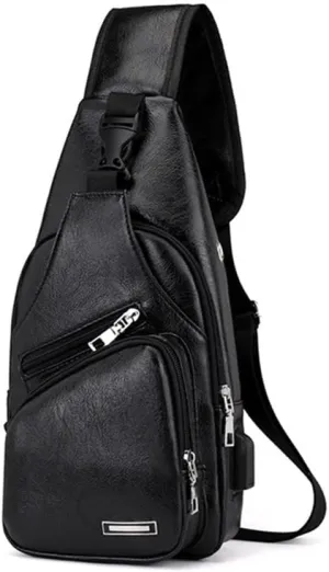 Leather Sling Bag for Mens,Crossbody Backpack with USB Charging Port for Men Travel Outdoor Sports