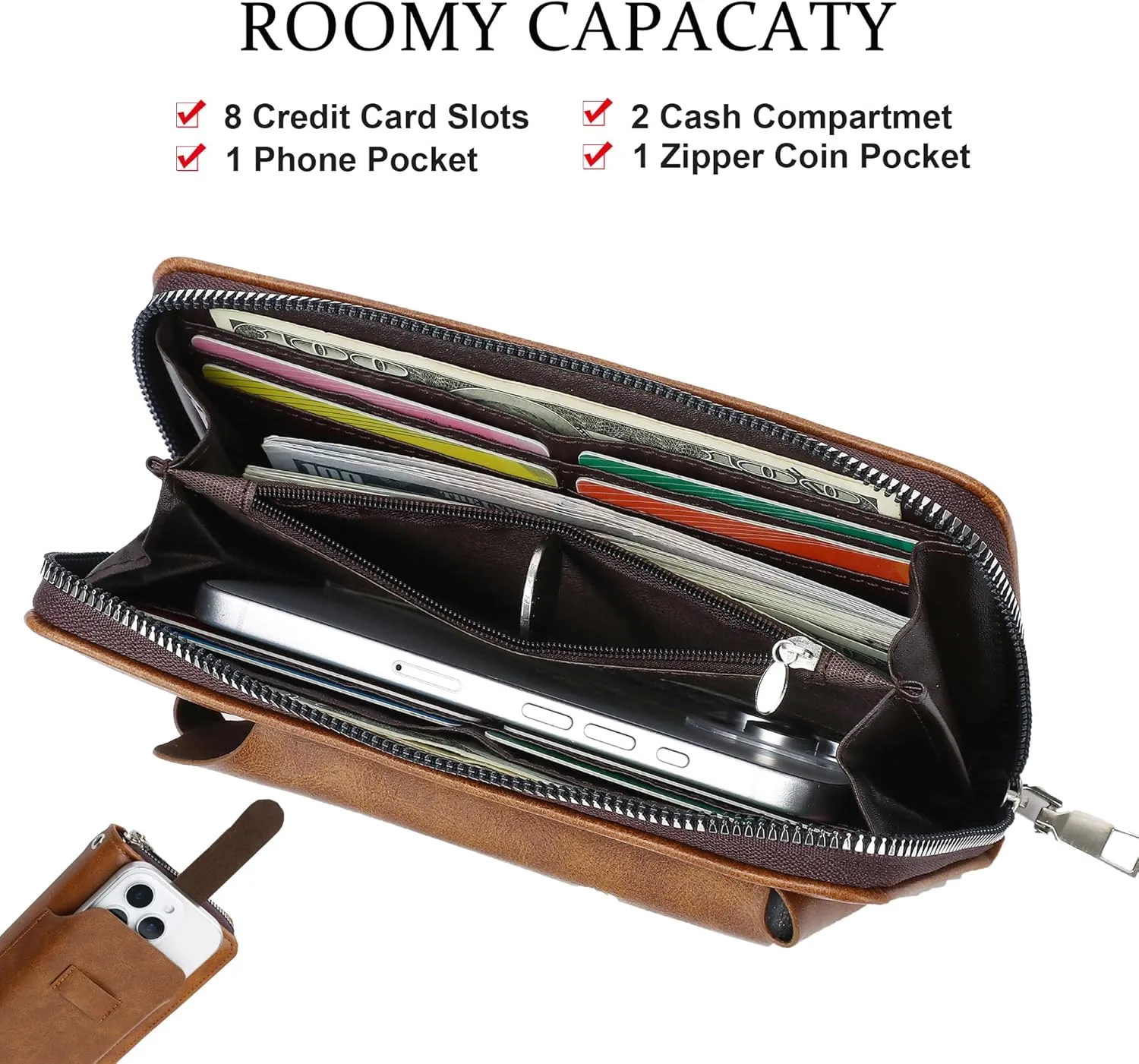 Long Wallet for Women-Large Capacity Leather Credit Card Holder Wallets Women Zipper Clutch Wristlet With Phone Pocket