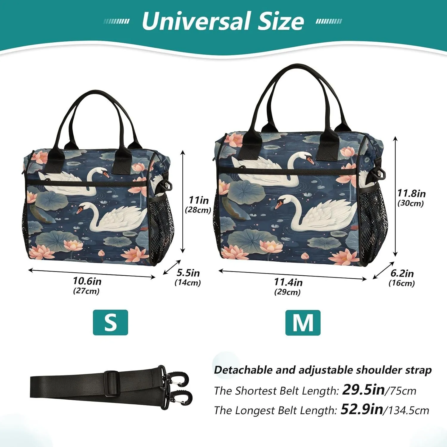 Lunch Bag Insulated Reusable Pond Swans Lotus Flowers Lunch Box,Leakproof Insulated Cooler with Adjustable Shoulder Strap for Women Men