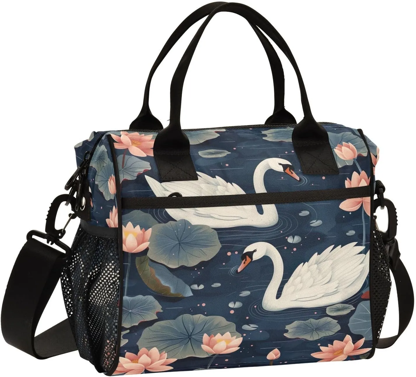 Lunch Bag Insulated Reusable Pond Swans Lotus Flowers Lunch Box,Leakproof Insulated Cooler with Adjustable Shoulder Strap for Women Men