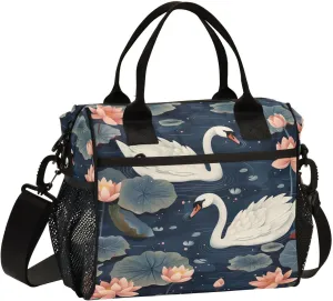 Lunch Bag Insulated Reusable Pond Swans Lotus Flowers Lunch Box,Leakproof Insulated Cooler with Adjustable Shoulder Strap for Women Men Lunch Bag Insulated Reusable Pond Swans Lotus Flowers Lunch Box,Leakproof Insulated Cooler with Adjustable Shoulder Strap for Women Men