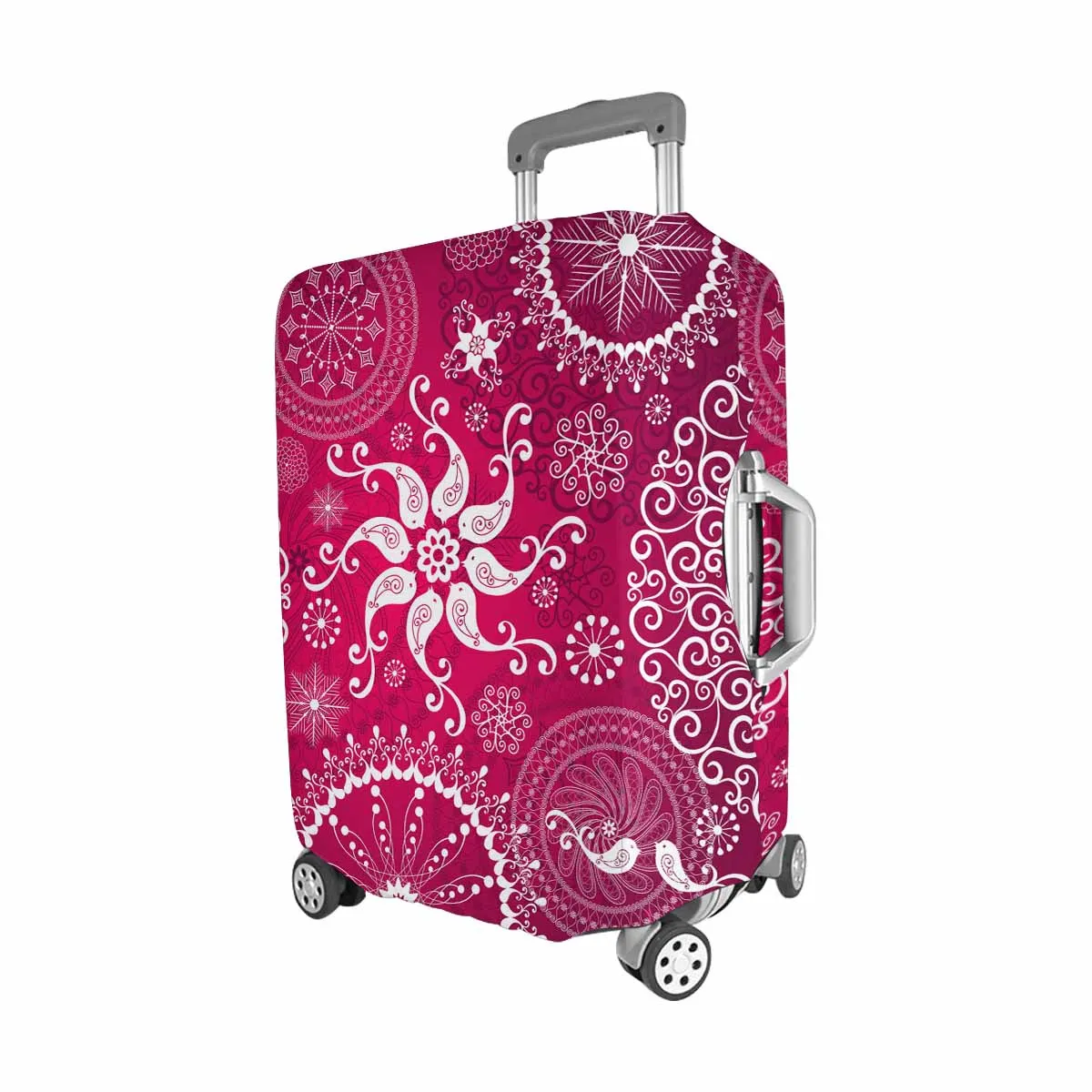 Mandala themed Cover for Luggage suitcase printed red repeating pattern with  white stylized birds and vintage snowflakes