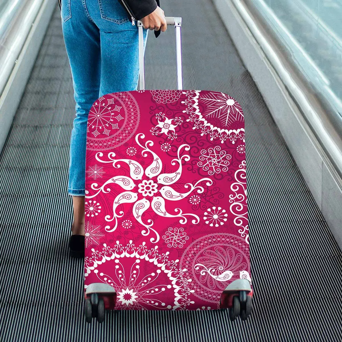 Mandala themed Cover for Luggage suitcase printed red repeating pattern with  white stylized birds and vintage snowflakes