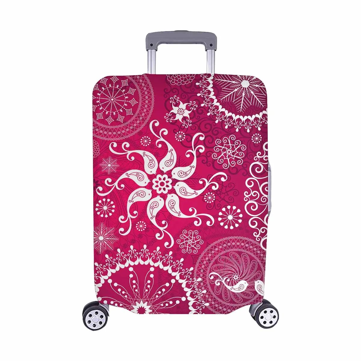 Mandala themed Cover for Luggage suitcase printed red repeating pattern with  white stylized birds and vintage snowflakes