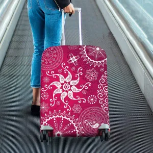 Mandala themed Cover for Luggage suitcase printed red repeating pattern with  white stylized birds and vintage snowflakes