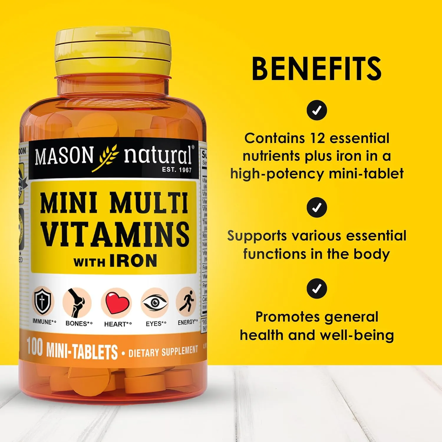 MASON NATURAL Daily Mini Multi Vitamins with Iron, Vitamins A, C, D, E, B1, B2, B3, B6, B12, Folate & Calcium, 100 Day Supply