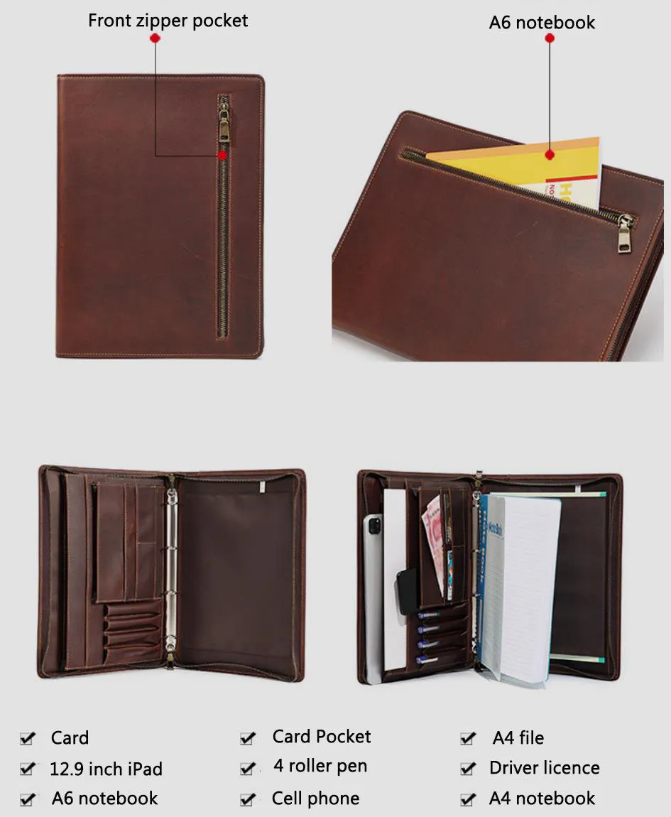 Men's Leather Portfolio, Personalized Document Folder,A4 Notebook Holder, Business Briefcase, Gift/1428