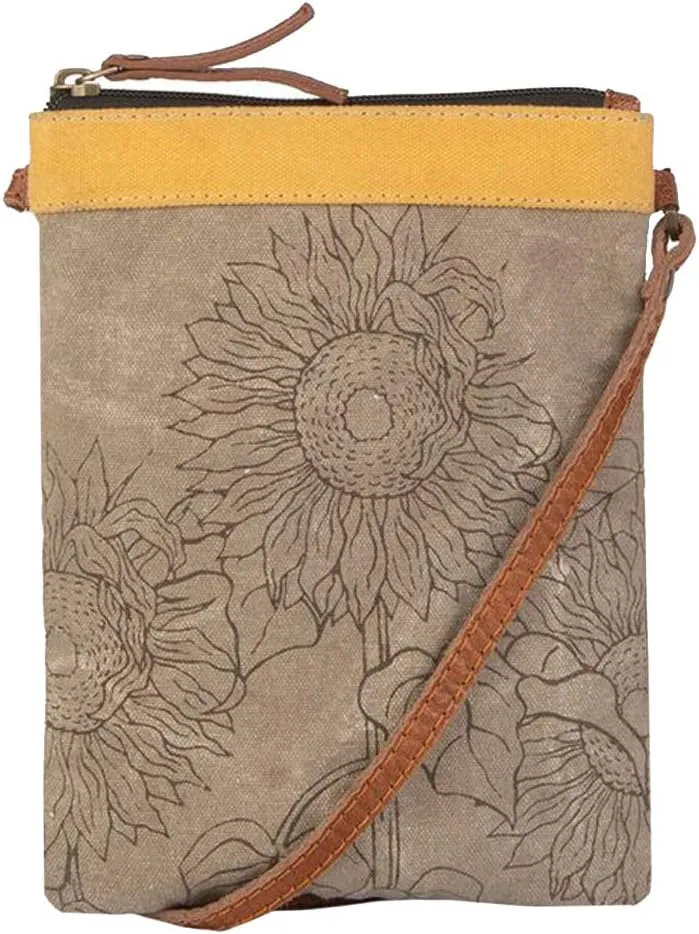 Mona B. Vintage Recycled Upcycled Canvas Sunflower Collection with Vegan Leather Trim (Sunny Tote) (Crossbody)